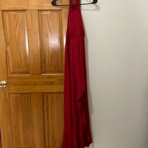 Button halter backless asymmetric ruffle split hem maxi resort dress